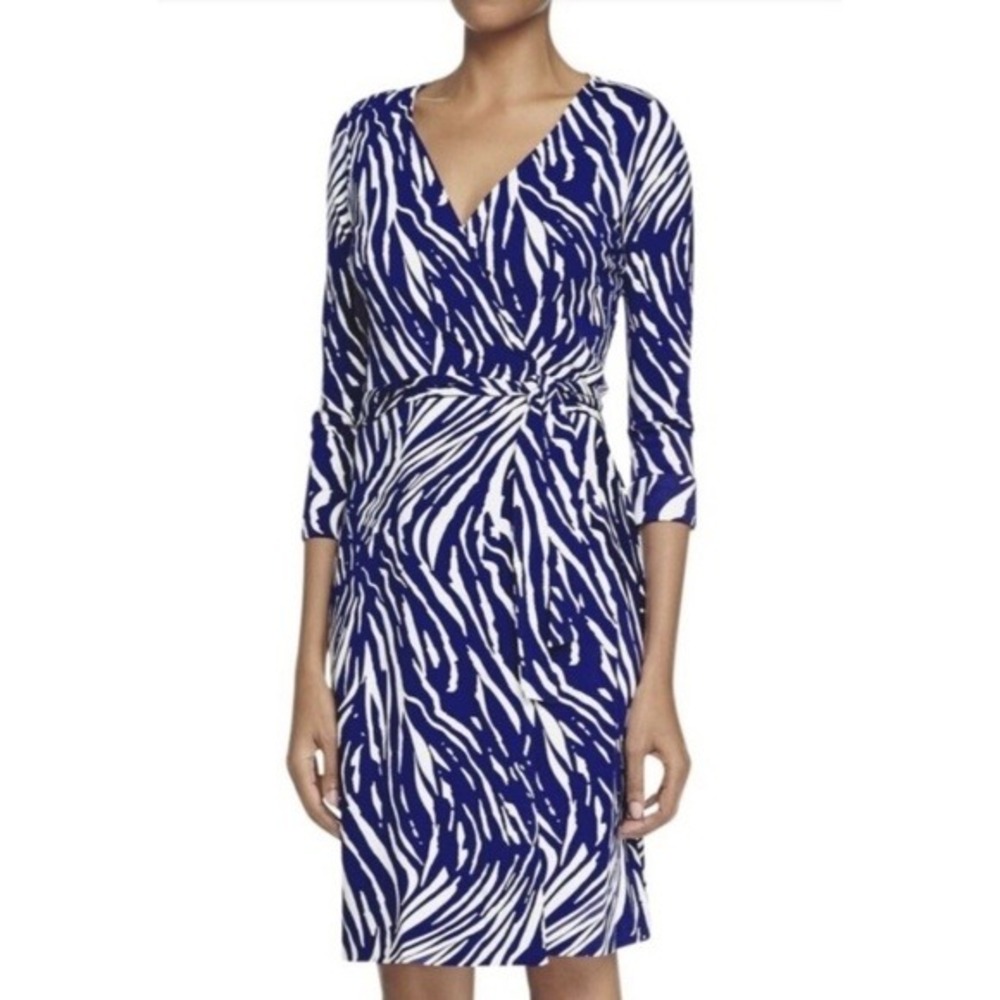 DIANE VON FURSTENBERG‎ Blue Zebra Print Wrap 3/4 Sleeve Dress Size 4
